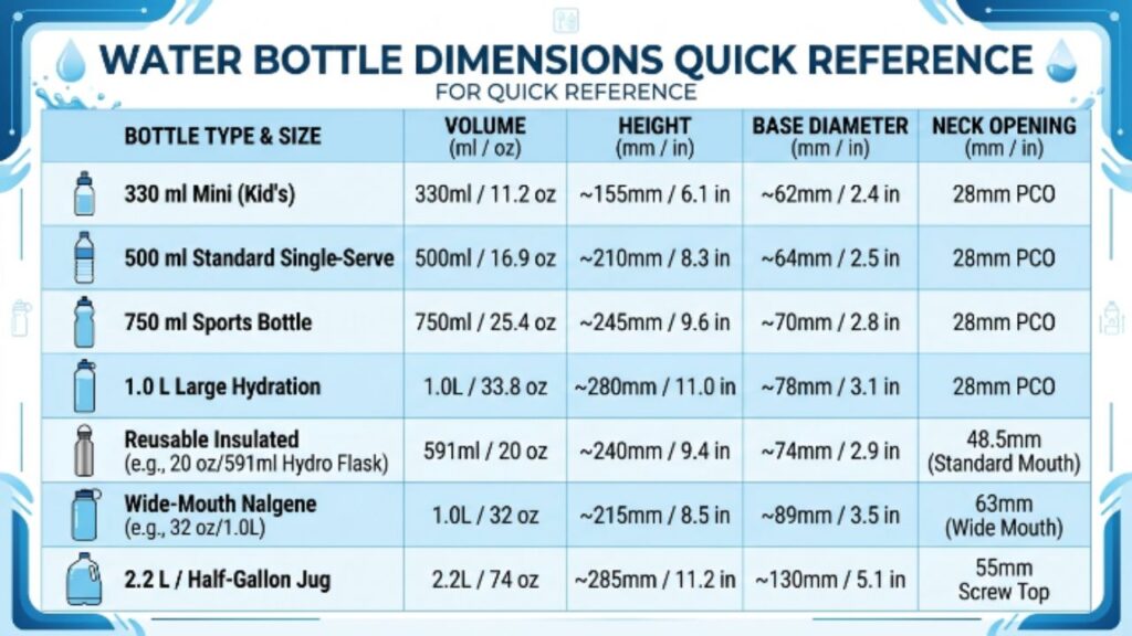 Water Bottle Dimensions Chart for Quick Reference