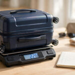 A suitcase on a luggage scale with an airline weight limit noted beside it.